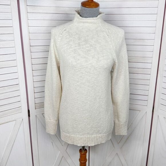 L.L. Bean Cotton Rolled Funnel Mock Neck Ragg Sweater Slub Knit Cream Medium - Picture 2 of 14